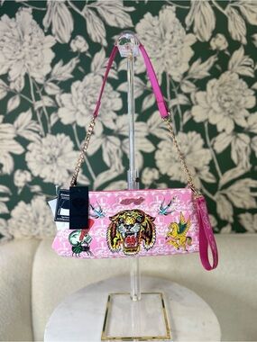 Ed Hardy Pink Shoulder Bag with Embroidered Tiger & Pegasus Motifs NWT